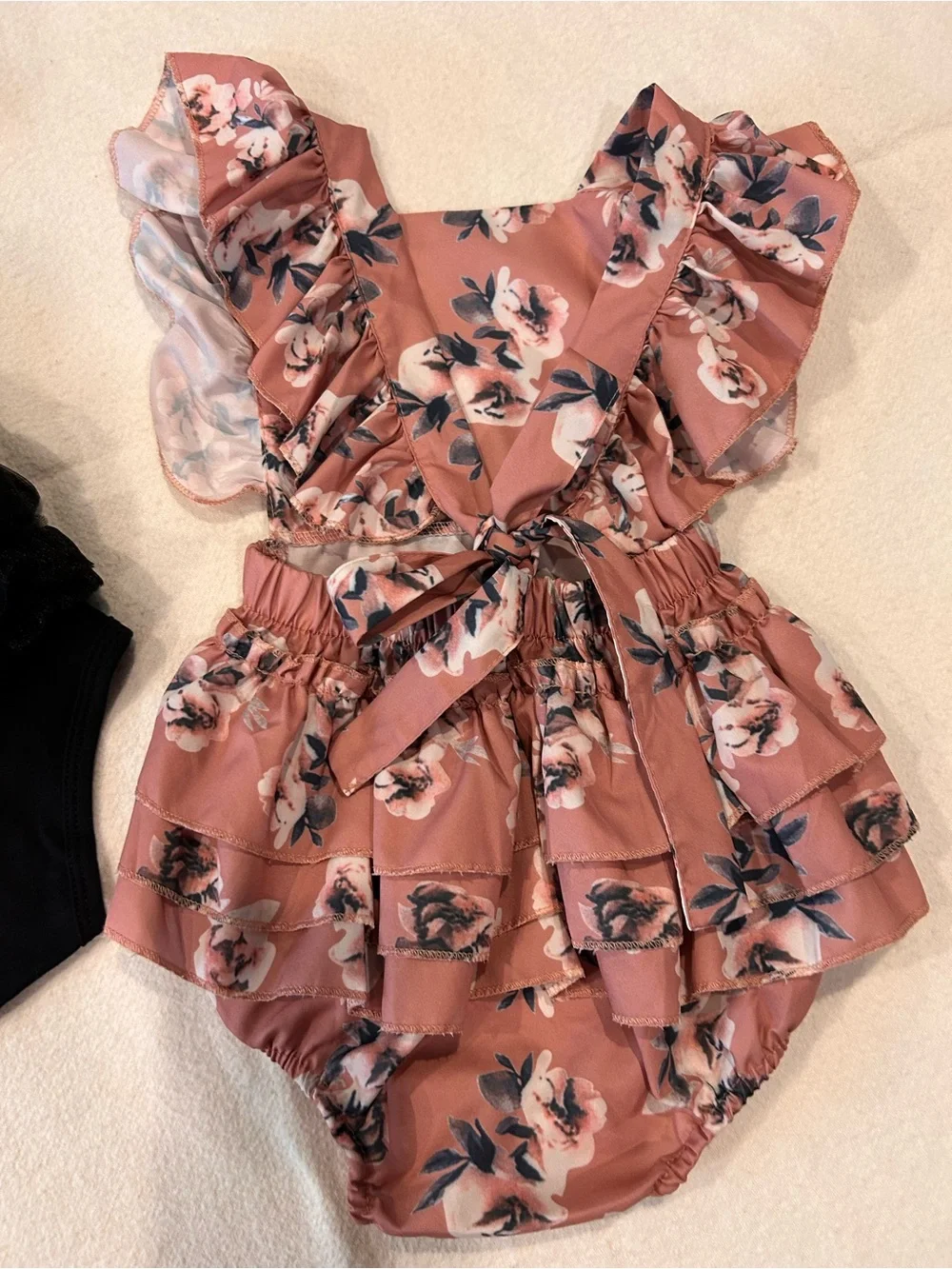 GANZ Baby Girl Black Ruffle Bodysuit & Pink Floral Ruffle One-Piece Set 12-24 Mo